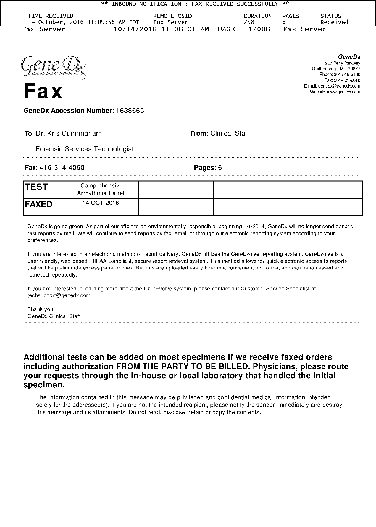 GeneDx fax cover sheet · 14 October 2016 · Patient CEYLAN Raffi