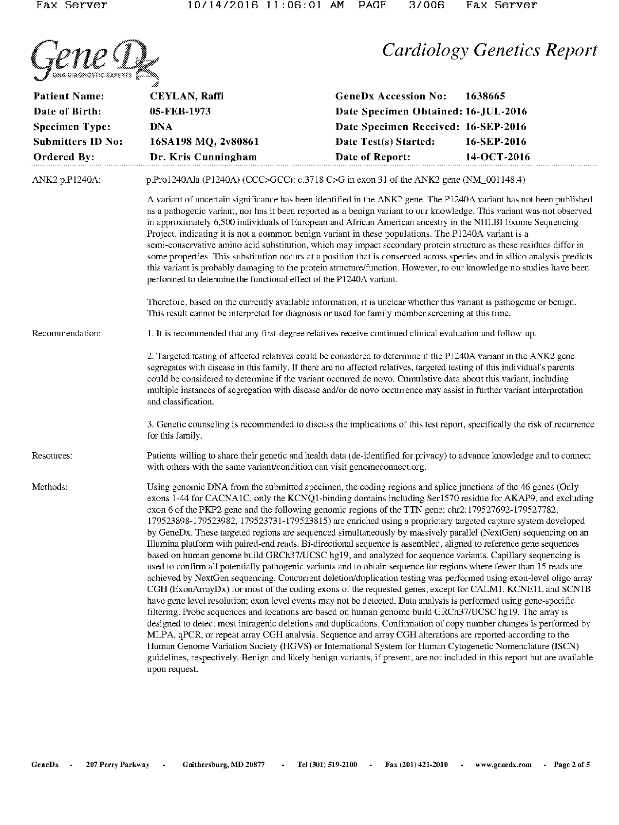 GeneDx Cardiology Genetics Report page 2 of 5 · ANK2 P1240A detailed interpretation and methods