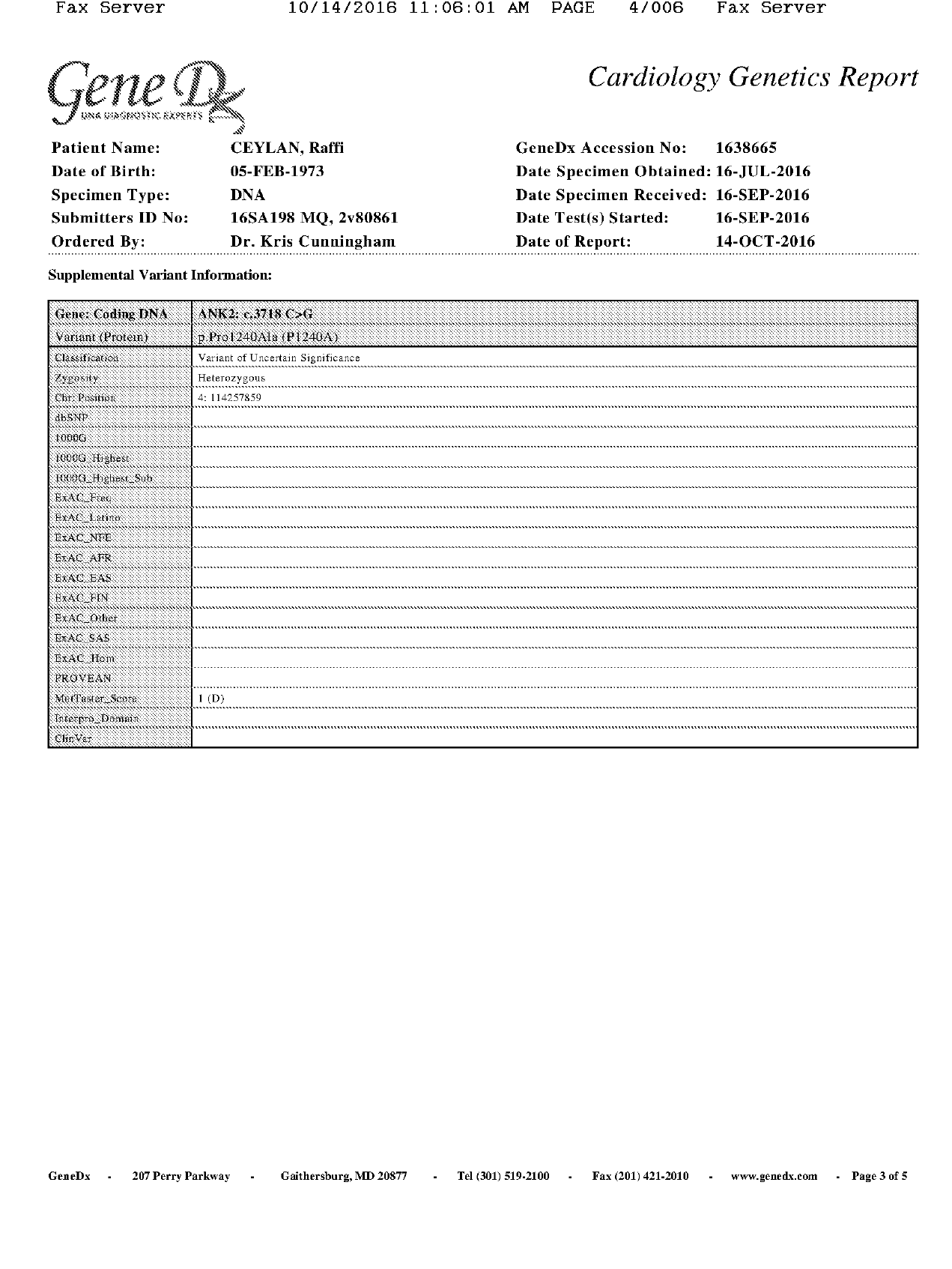 GeneDx Cardiology Genetics Report page 3 of 5 · Supplemental variant information table