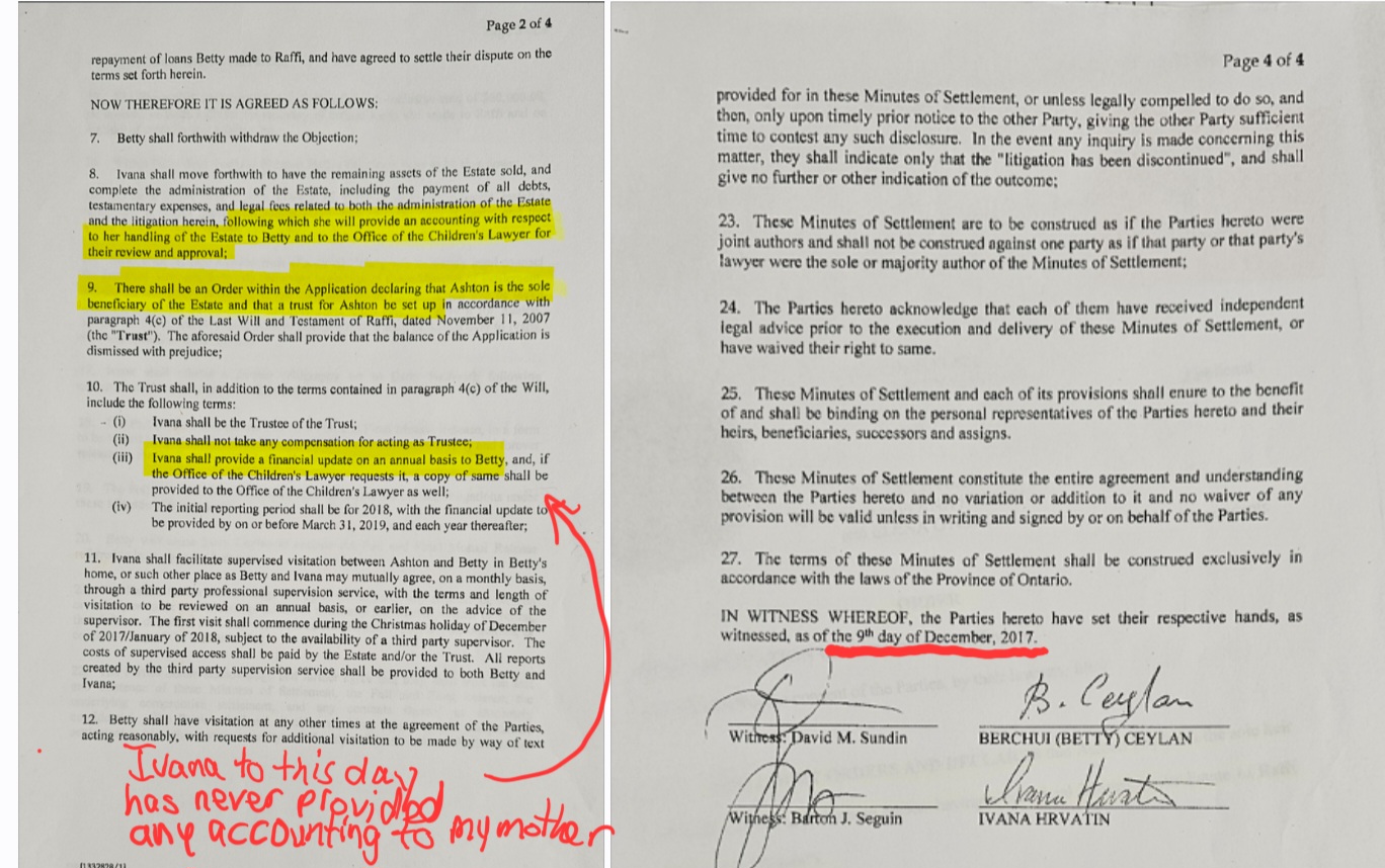 Minutes of Settlement · December 9 2017 · Signed by Ivana Hrvatin and witnessed by Sundin and Seguin · with Francesco Longo's red-pen annotation