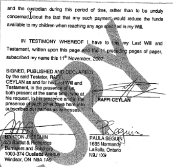 Page 12 in full — the GIGANTIC FRESH BLACK SWIRL signature applied across the witness/execution block, visually dwarfing every photocopied element on the page