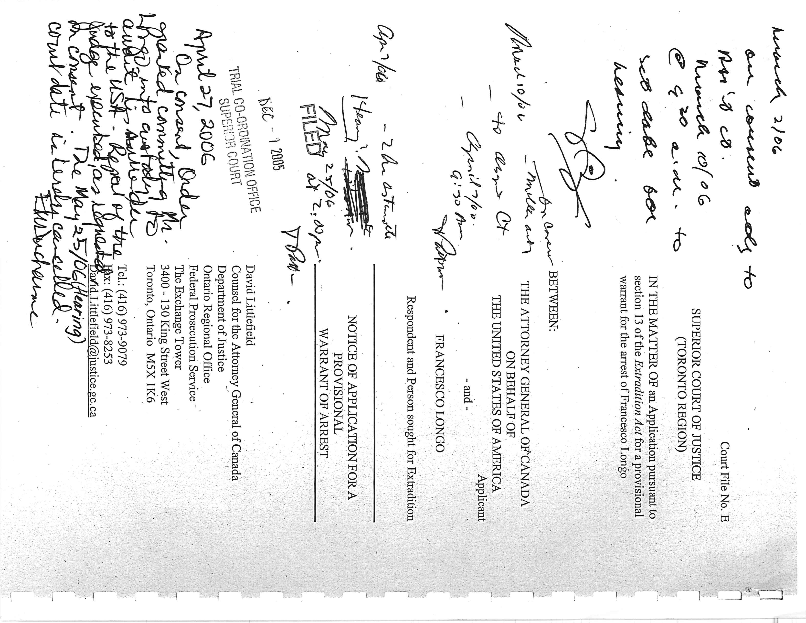 Notice of Application for Provisional Warrant — faxed signatures
